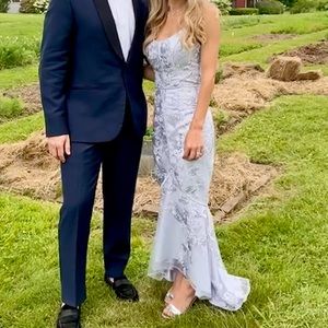 Size 0/00 Blue Gray Grey SIlver Strapless Embroidered Gown